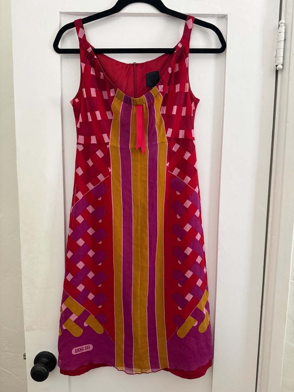 Anna Sui Geometric Print Silk Dress Red Pink Yellow